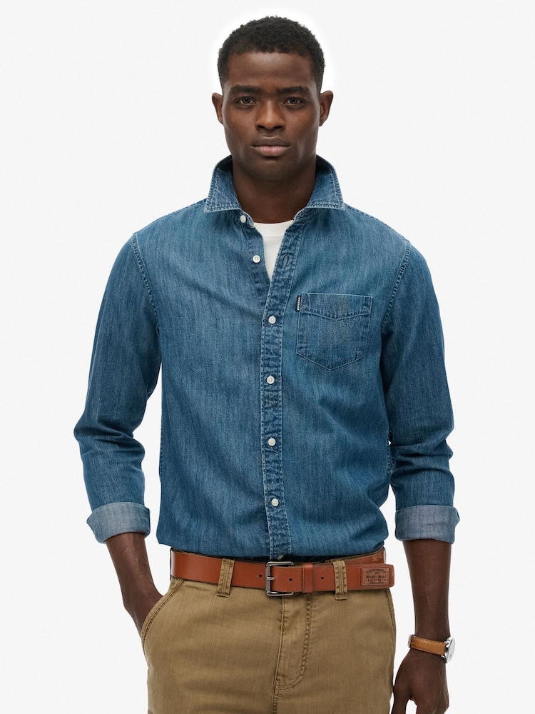 Superdry Ombre Blue Essentials Long Sleeve Denim Shirt - Image 1 of 5 Superdry Ombre Blue Essentials Long Sleeve Denim Shirt - Image 1 of 5