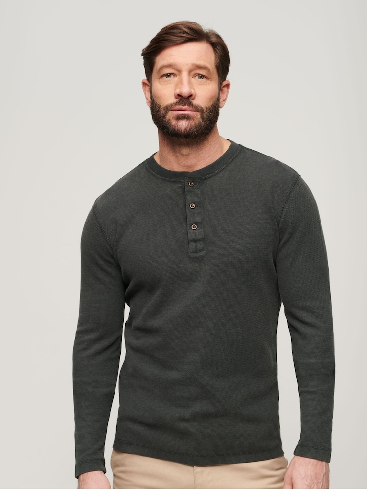 Superdry Black Waffle Long Sleeve Henley Top - Image 1 of 6