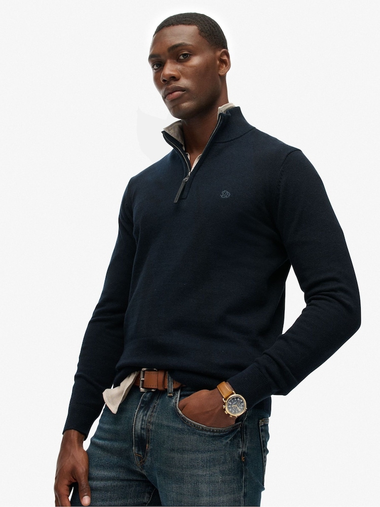 Superdry Blue Essentials Cotton Half Zip Jumper - Image 2 of 6 Superdry Blue Essentials Cotton Half Zip Jumper - Image 2 of 6