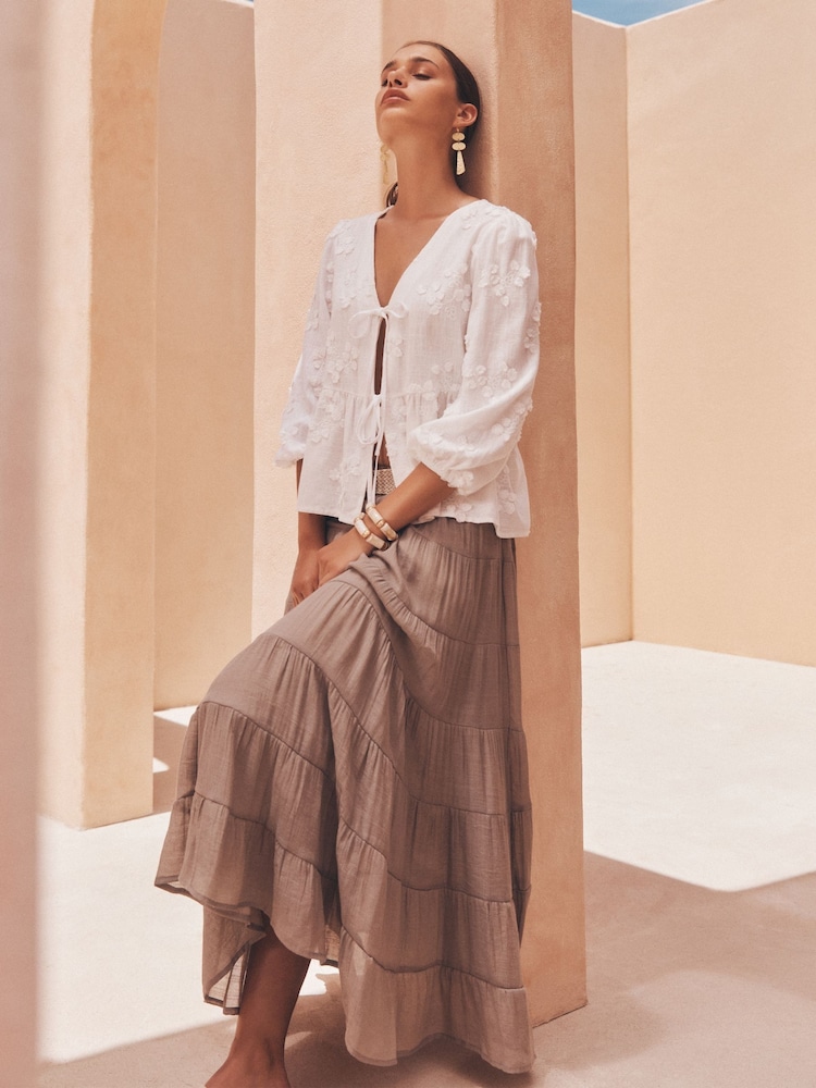 Apricot White Tie Up Embroidered Blouse With a Touch of Linen - Image 1 of 6 Apricot White Tie Up Embroidered Blouse With a Touch of Linen - Image 1 of 6