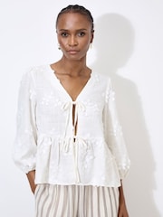 Apricot White Tie Up Embroidered Blouse With a Touch of Linen - Image 2 of 6