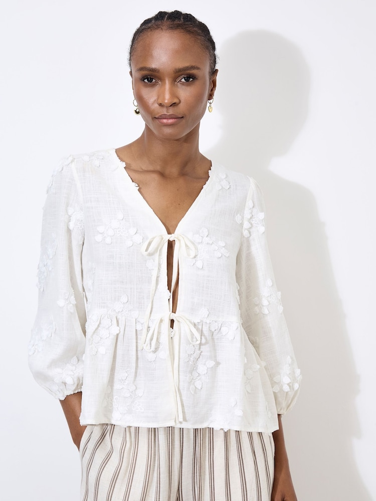 Apricot White Tie Up Embroidered Blouse With a Touch of Linen - Image 2 of 6 Apricot White Tie Up Embroidered Blouse With a Touch of Linen - Image 2 of 6