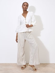 Apricot White Tie Up Embroidered Blouse With a Touch of Linen - Image 3 of 6