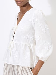 Apricot White Tie Up Embroidered Blouse With a Touch of Linen - Image 4 of 6