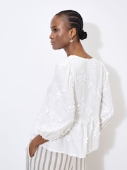 Apricot White Tie Up Embroidered Blouse With a Touch of Linen - Image 5 of 6
