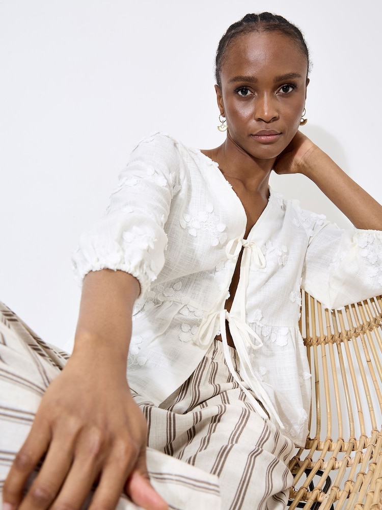 Apricot White Tie Up Embroidered Blouse With a Touch of Linen - Image 6 of 6