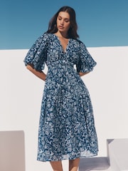 Apricot Blue Mono Roses Volume Tiered Dress - Image 1 of 5