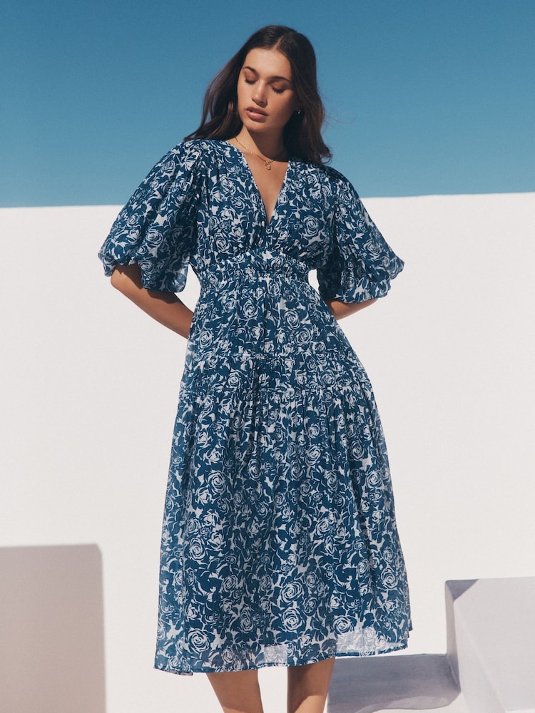 Apricot Blue Mono Roses Volume Tiered Dress - Image 1 of 5