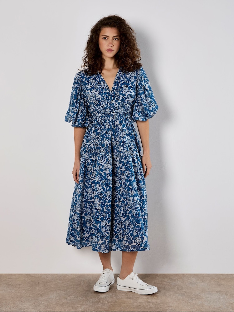 Apricot Blue Mono Roses Volume Tiered Dress - Image 2 of 5