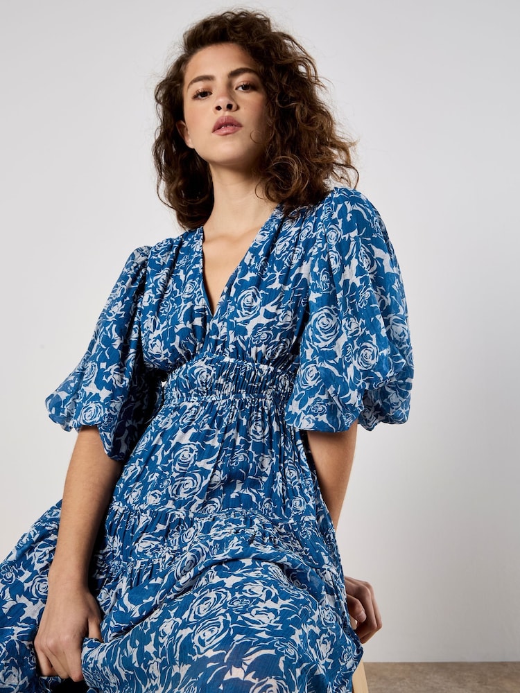 Apricot Blue Mono Roses Volume Tiered Dress - Image 5 of 5