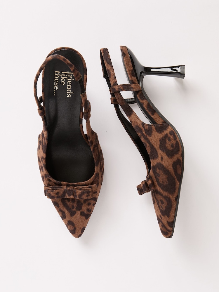 Friends Like These Brown Leopard Print Bow Pointed Toe Slingback Mid Heel Court Shoes - Image 1 of 4
