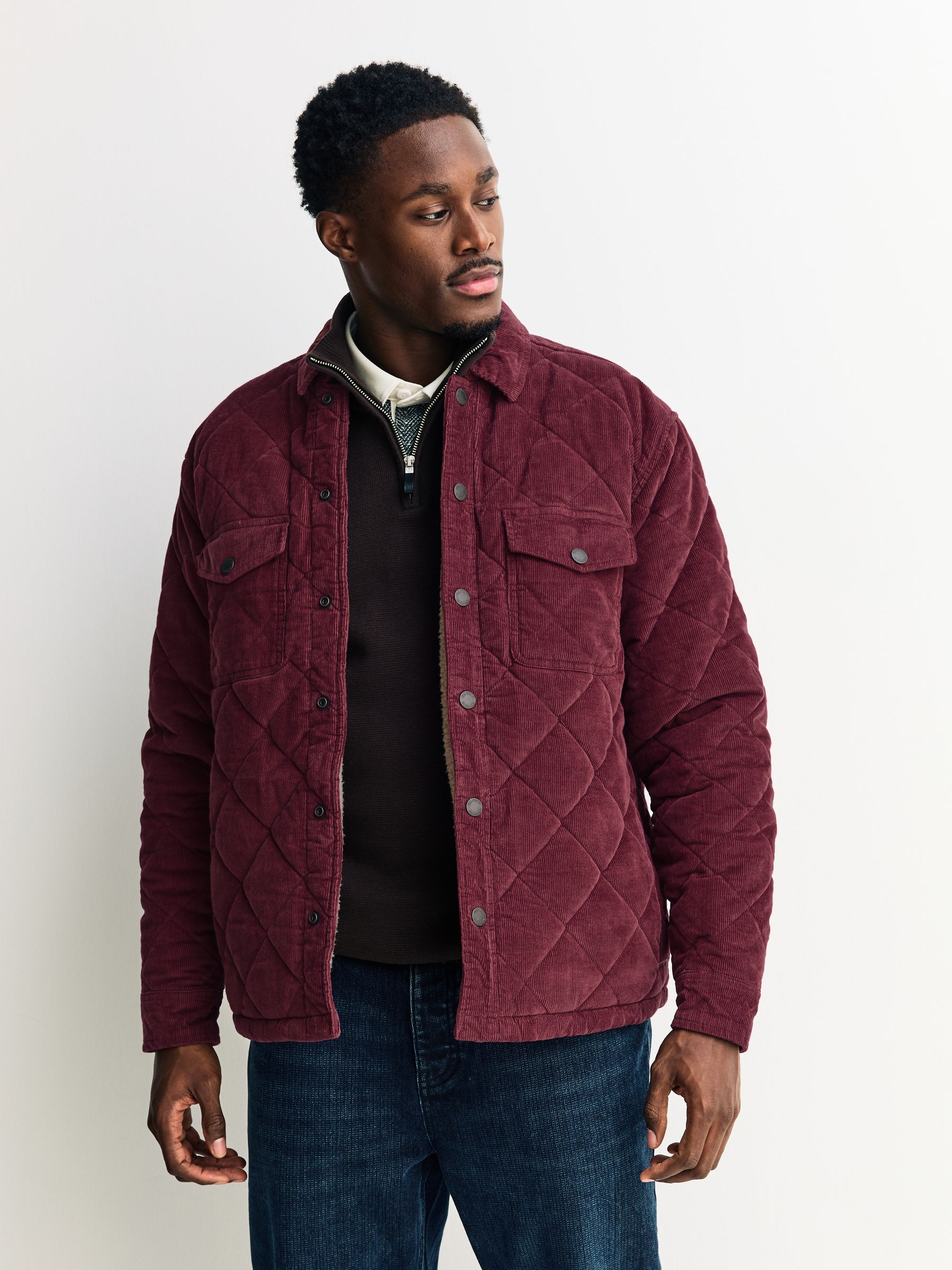 Buy Burgundy Red Borg Lined Diamond Quilt Corduroy Shacket from
