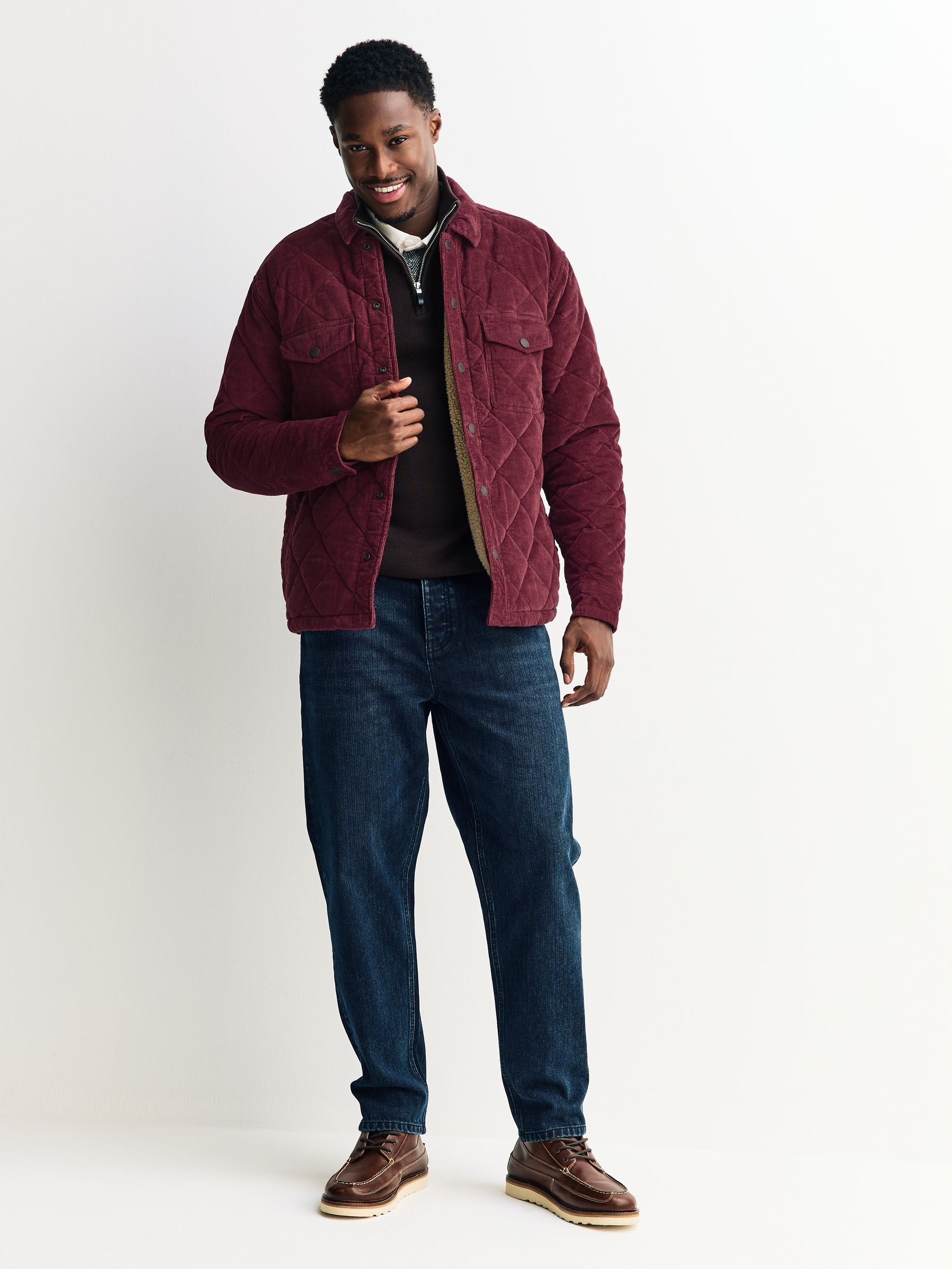 Buy Burgundy Red Borg Lined Diamond Quilt Corduroy Shacket from