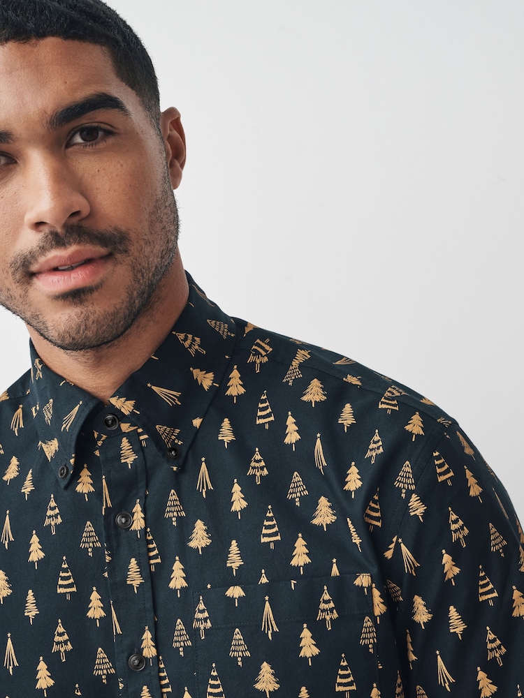 black christmas dress shirt Mens Next Black Christmas Printed Long Sleeve Shirt XS