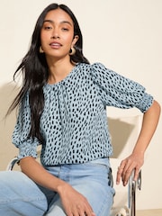 Friends Like These Blue Print Petite Short Sleeve Shirred Cuff Blouse - Image 1 of 5