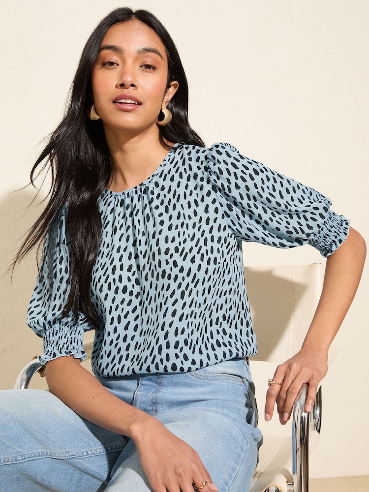 Friends Like These Blue Print Petite Short Sleeve Shirred Cuff Blouse - Image 1 of 5