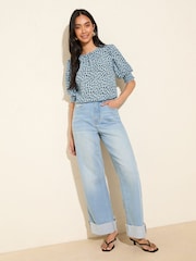 Friends Like These Blue Print Petite Short Sleeve Shirred Cuff Blouse - Image 3 of 5