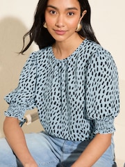 Friends Like These Blue Print Petite Short Sleeve Shirred Cuff Blouse - Image 4 of 5