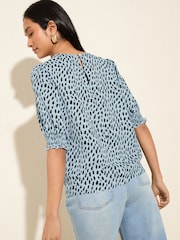 Friends Like These Blue Print Petite Short Sleeve Shirred Cuff Blouse - Image 5 of 5