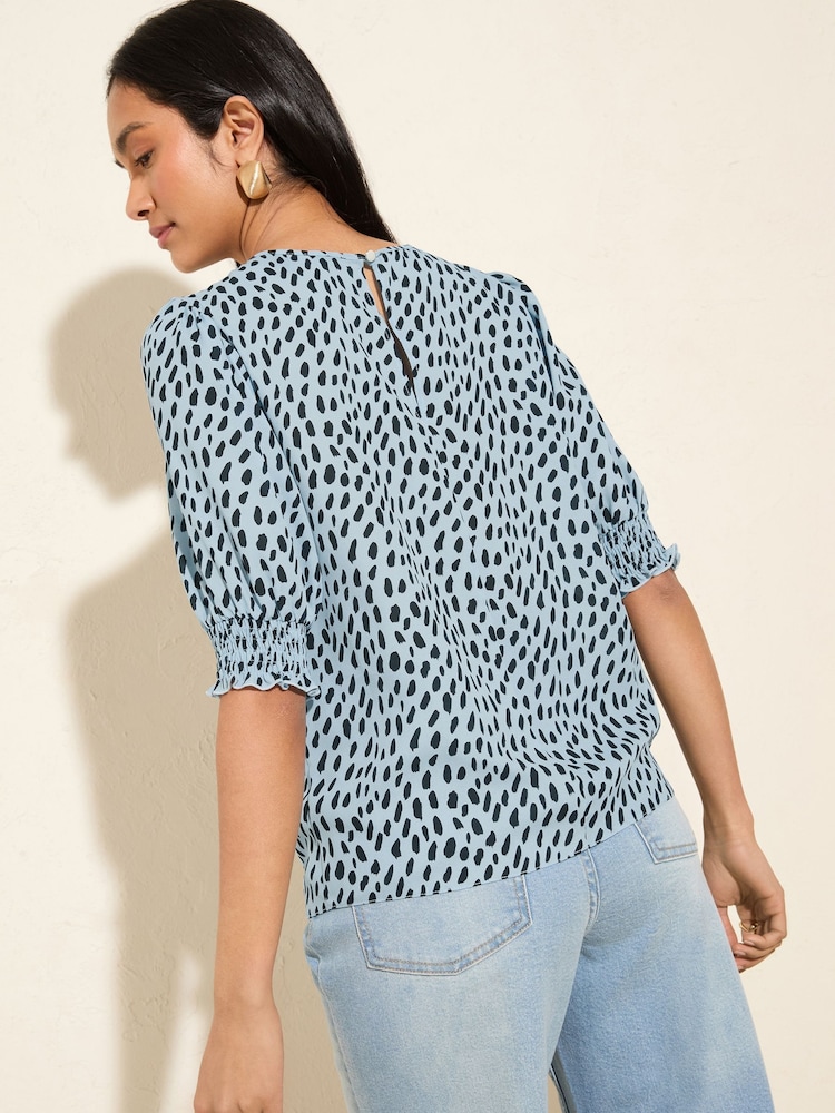 Friends Like These Blue Print Petite Short Sleeve Shirred Cuff Blouse - Image 5 of 5