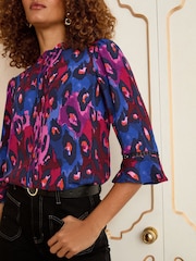 Love & Roses Purple Animal 3/4 Flute Sleeve Blouse - Image 3 of 4