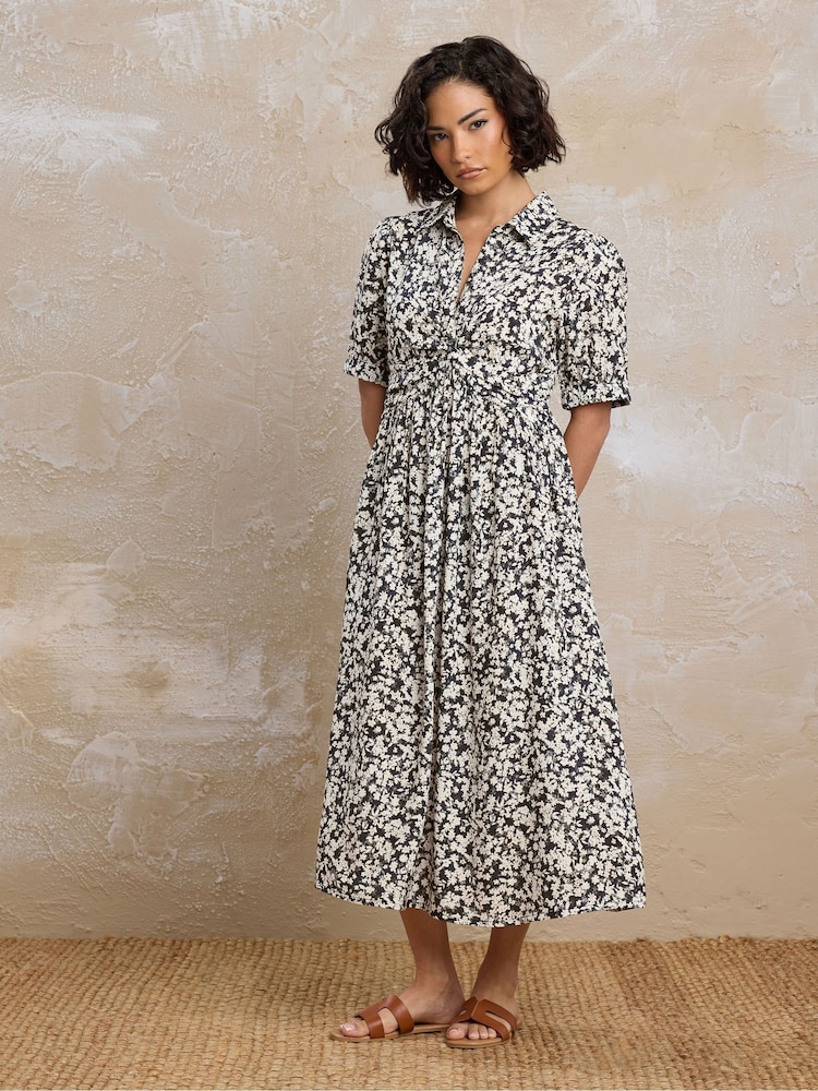 PixieGirl Petite Black Blurred Ditsy Twist Collar Dress - Image 1 of 6