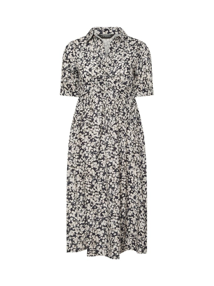 PixieGirl Petite Black Blurred Ditsy Twist Collar Dress - Image 6 of 6