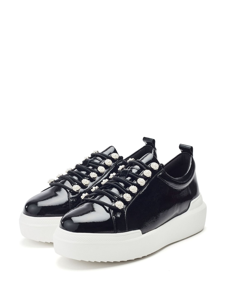 Черный - Moda in Pelle Blossie Pearl Detail Slab Sole Leather Trainers - Image 2 of 4