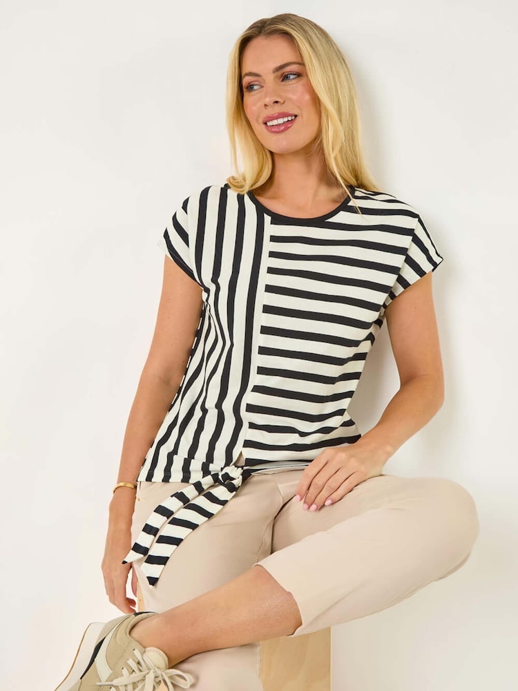 Roman Black Petite 100% Cotton Block Striped Tie Side Top - Image 1 of 5