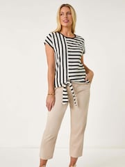 Roman Black Petite 100% Cotton Block Striped Tie Side Top - Image 2 of 5