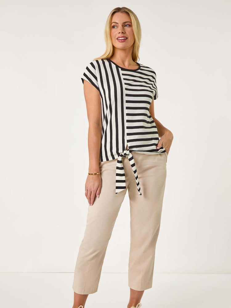 Roman Black Petite 100% Cotton Block Striped Tie Side Top - Image 2 of 5