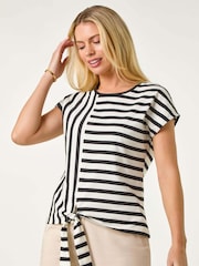 Roman Black Petite 100% Cotton Block Striped Tie Side Top - Image 4 of 5
