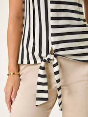 Roman Black Petite 100% Cotton Block Striped Tie Side Top - Image 5 of 5