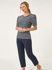 Azul - Roman Petite 100% Cotton Stripe Ruched Stretch Top - Imagen 1 de 5