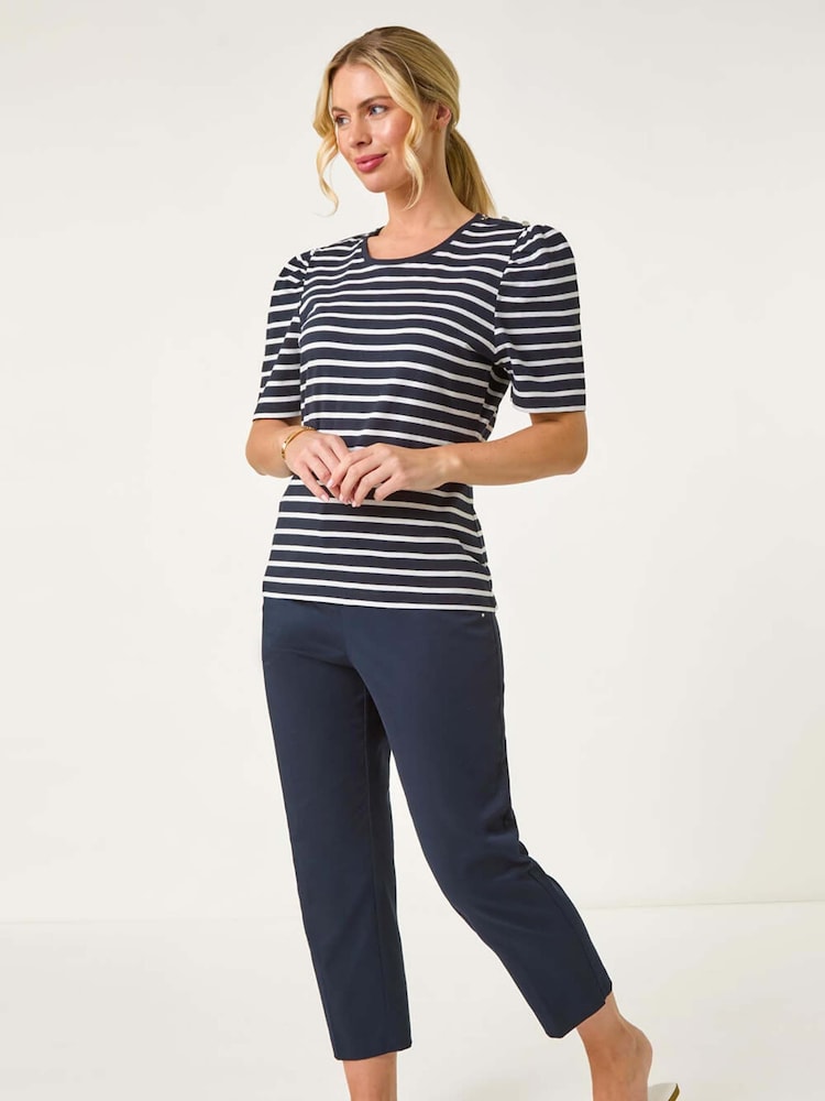 Azul - Roman Petite 100% Cotton Stripe Ruched Stretch Top - Imagen 1 de 5