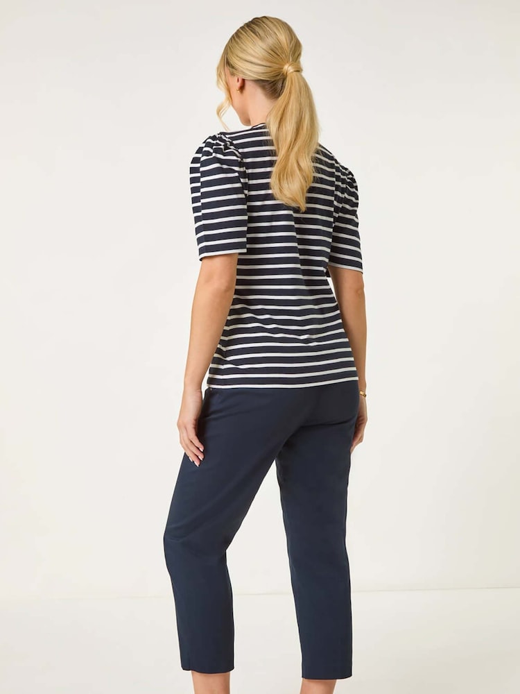Azul - Roman Petite 100% Cotton Stripe Ruched Stretch Top - Imagen 2 de 5
