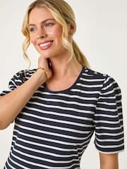 Azul - Roman Petite 100% Cotton Stripe Ruched Stretch Top - Imagen 4 de 5