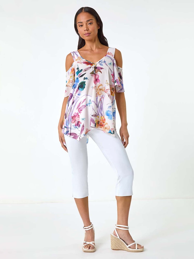 Roman White Petite Floral Print Cold Shoulder Top - Image 2 of 5