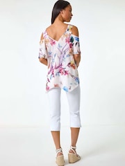 Roman White Petite Floral Print Cold Shoulder Top - Image 3 of 5