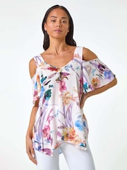 Roman White Petite Floral Print Cold Shoulder Top - Image 4 of 5
