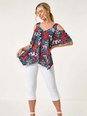 Roman Blue Petite Floral Cold Shoulder Top - Image 2 of 5