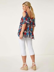 Roman Blue Petite Floral Cold Shoulder Top - Image 3 of 5