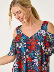Roman Blue Petite Floral Cold Shoulder Top - Image 4 of 5