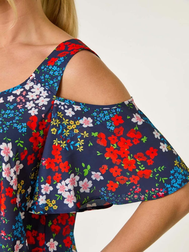Roman Blue Petite Floral Cold Shoulder Top - Image 5 of 5