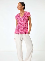 Roman Pink Petite Abstract Print Crinkle V-Neck Top - Image 2 of 5