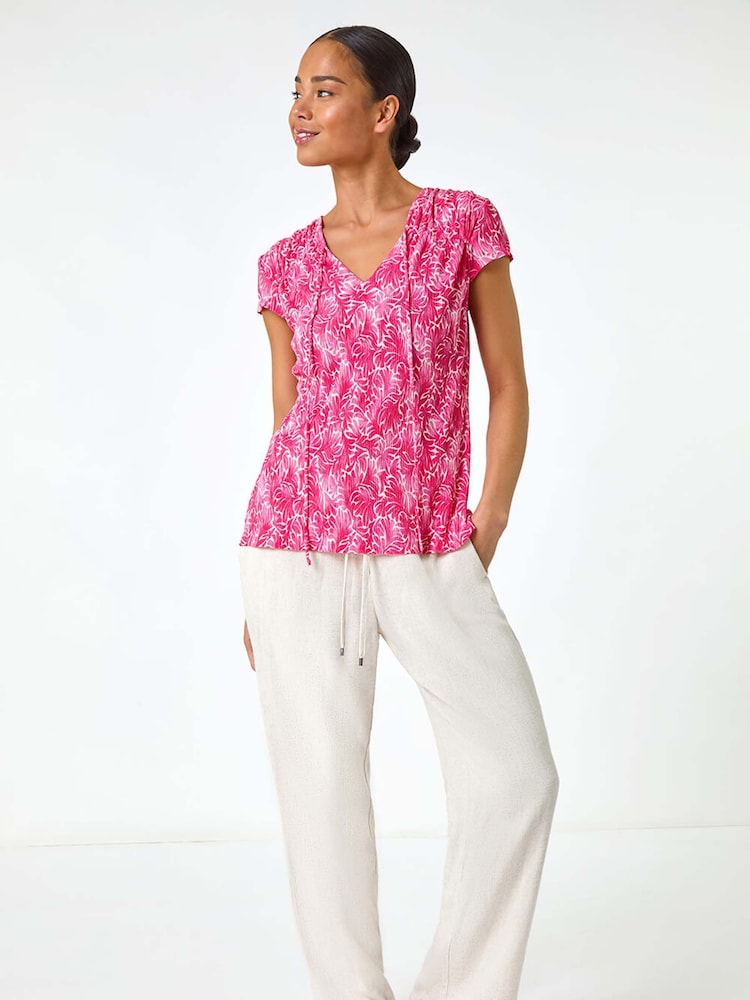 Roman Pink Petite Abstract Print Crinkle V-Neck Top - Image 2 of 5