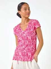 Roman Pink Petite Abstract Print Crinkle V-Neck Top - Image 4 of 5