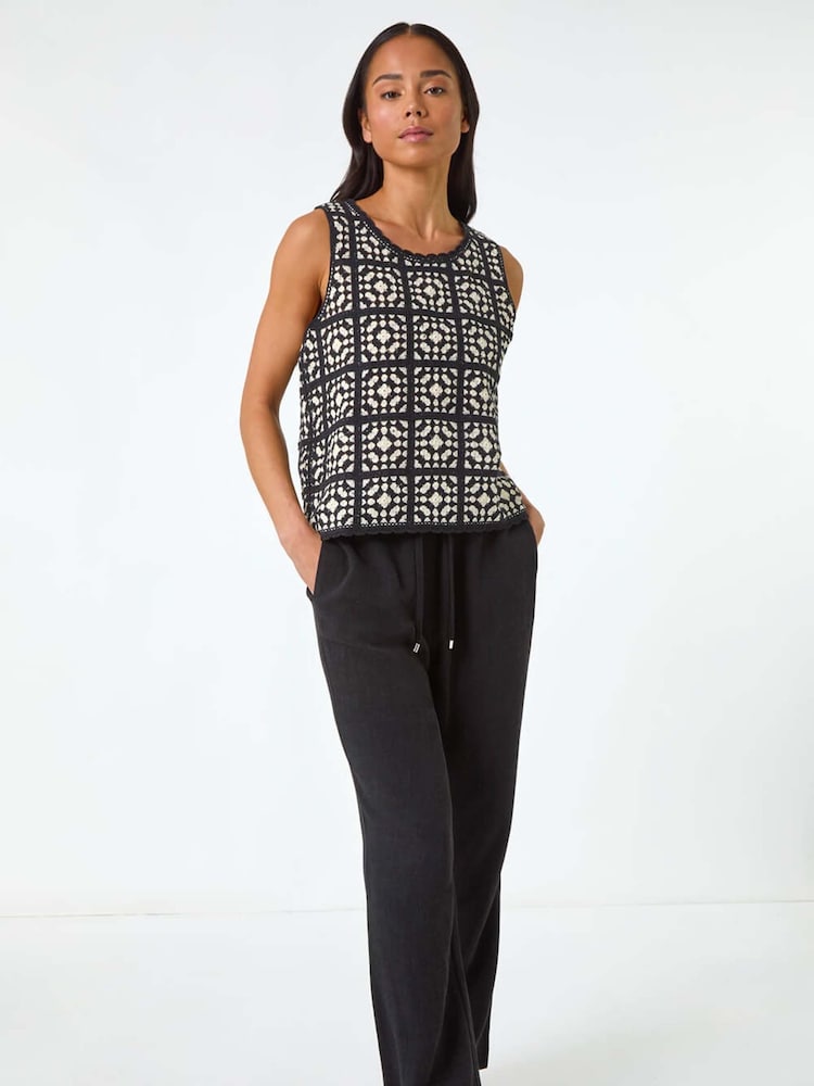 Roman Black Petite Crochet Patchwork Top - Image 1 of 5 Roman Black Petite Crochet Patchwork Top - Image 1 of 5