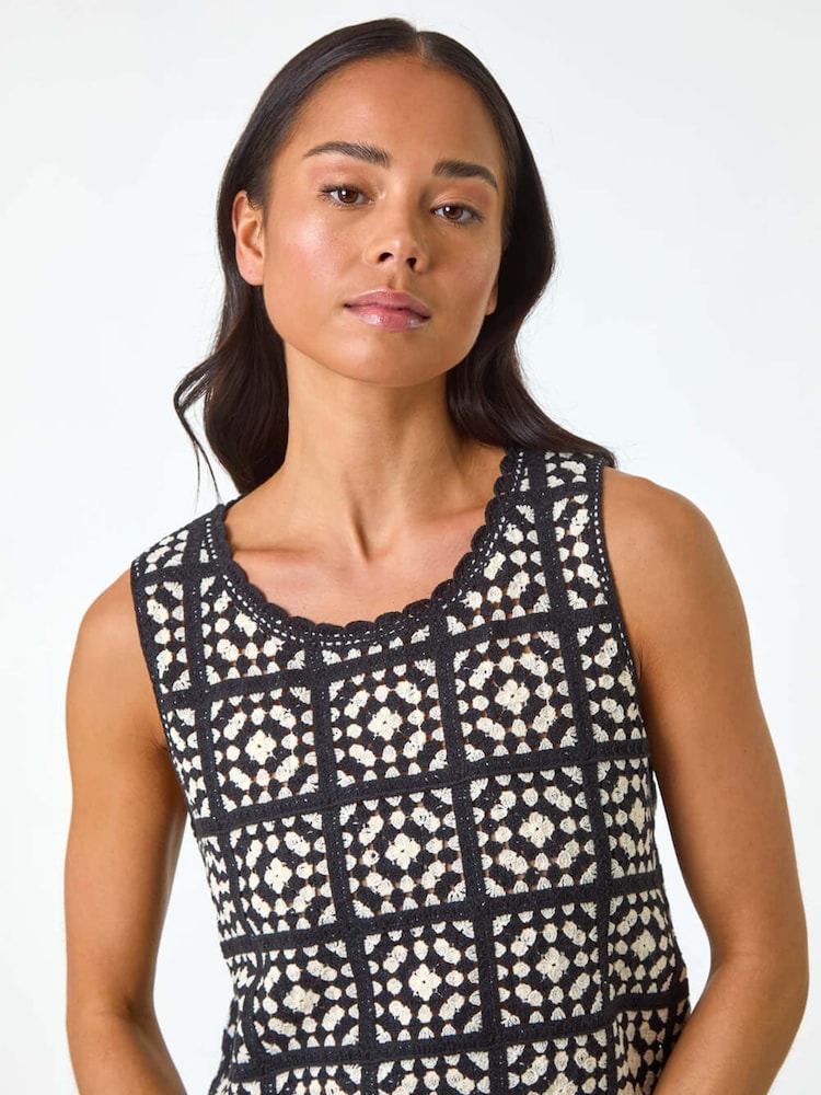 Roman Black Petite Crochet Patchwork Top - Image 2 of 5
