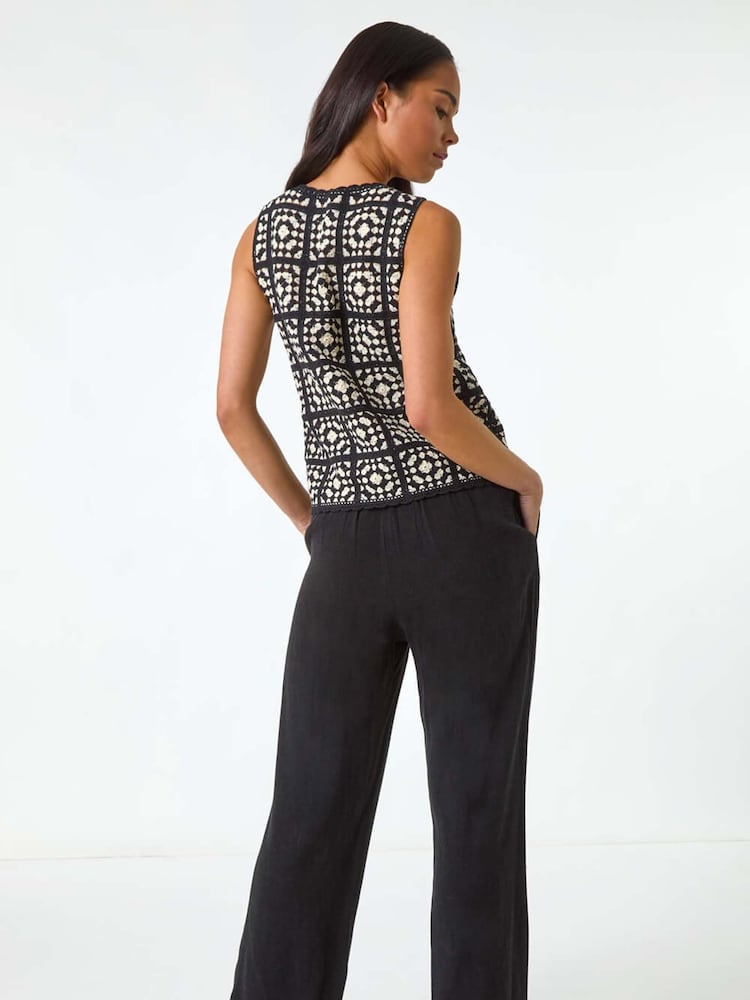Roman Black Petite Crochet Patchwork Top - Image 2 of 5 Roman Black Petite Crochet Patchwork Top - Image 2 of 5